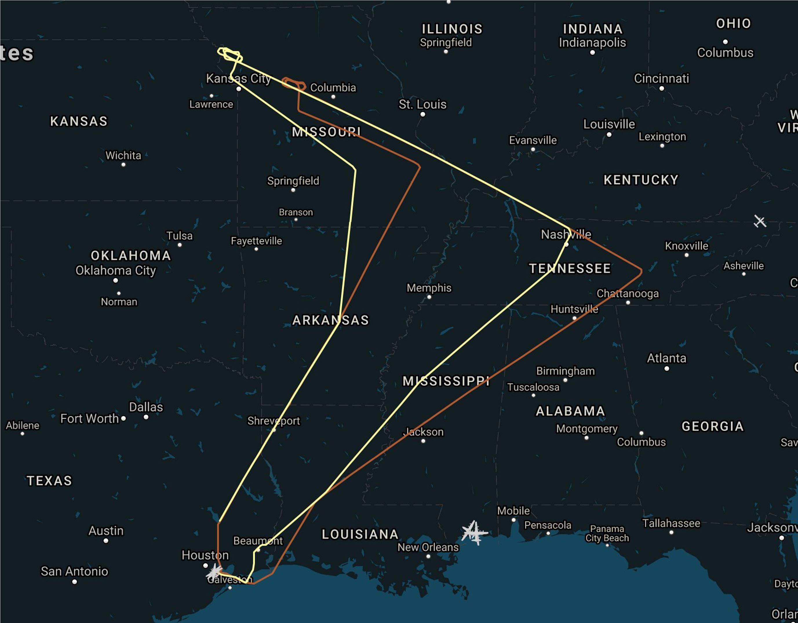 a map showing the flight path of the nasa planes